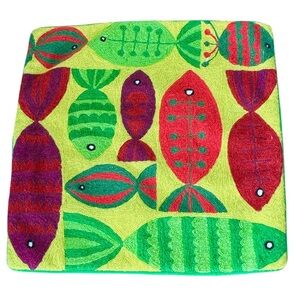 Wool Embroidered Fish Pillow Covers Set of 2 Multi Vibrant 18 X 18 Hidden zipper